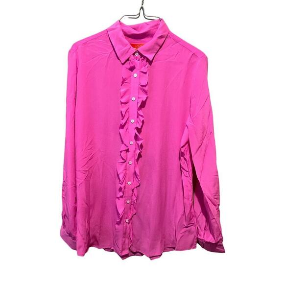 Joe Fresh Ruffle Button-Up Shirt Women's Size L Pink Long Sleeve Collared Silk - Picture 1 of 4